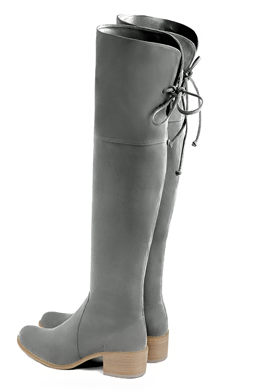 Dove grey women's leather thigh-high boots. Round toe. Low leather soles. Made to measure. Rear view - Florence KOOIJMAN